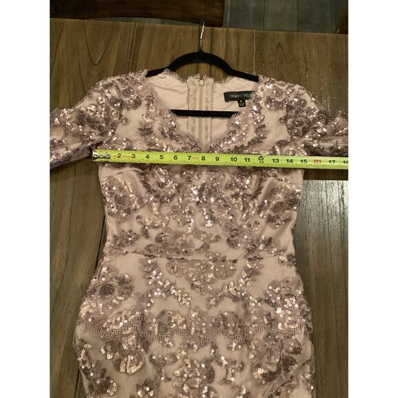 Tadashi Shoji Lace 3/4 Sleeve V-Neck Paillette Sequin Embroidered midi Dress - Picture 4 of 12